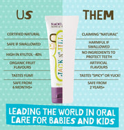 Jack N' Jill Natural Certified Toothpaste Blackcurrant, toothpaste tube packaging, blackcurrant flavour, 50g, product information
