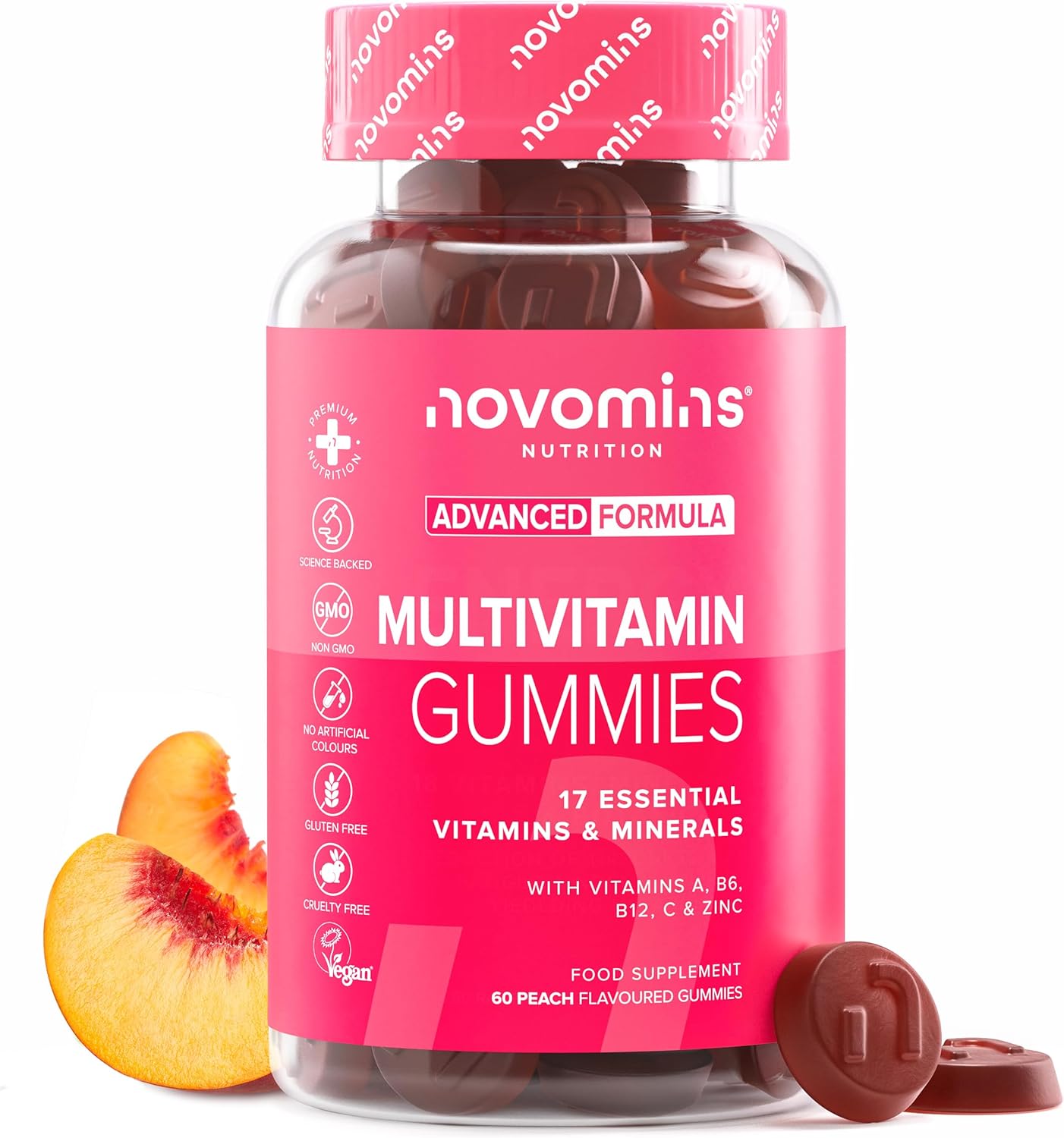 Novomins Multivitamin Gummies Peach 60 Count bottle supplement front view