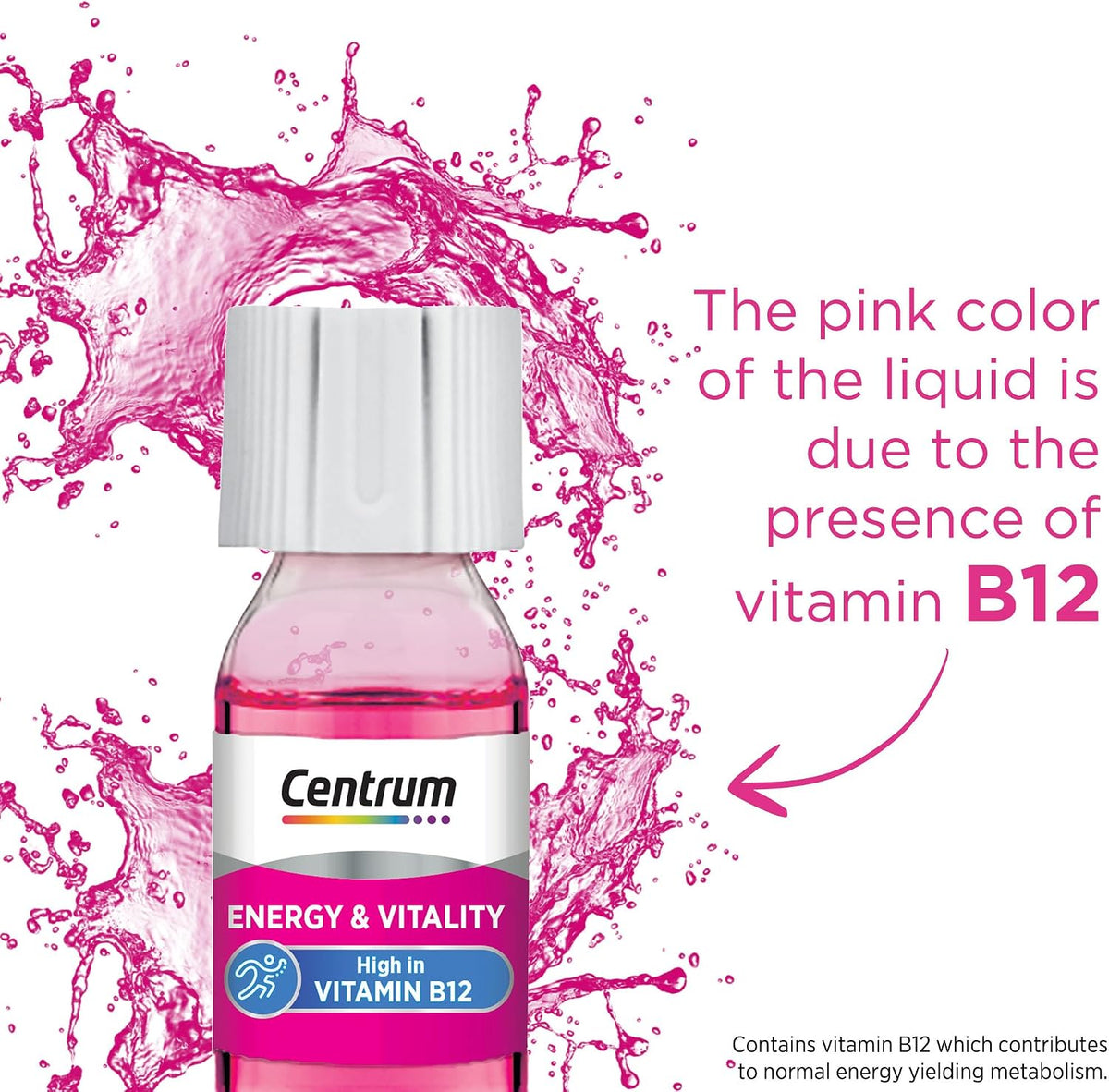 Centrum Energy & Vitality Vitamin B12 Liquid Shot, carton packaging with individual bottles, raspberry flavour, 15 x 7ml, product information
