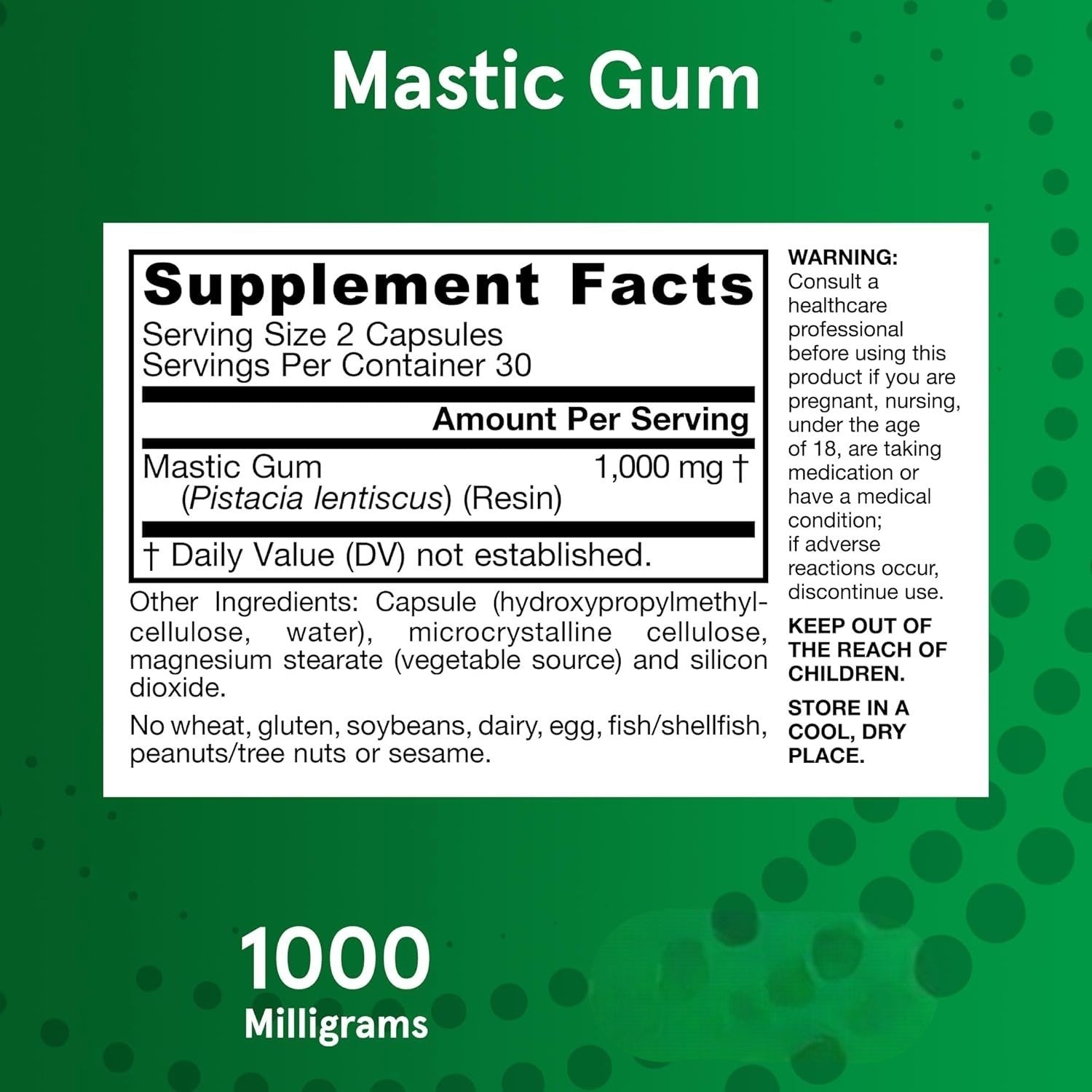 Supplement Facts Image: Jarrow Formulas mastic gum 1000mg supplement facts and ingredients veggie capsules