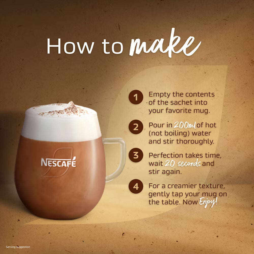 Nescafé Cappuccino Instant Coffee Mix 12 x 15.5g sachets packaging showing preparation directions