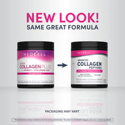 NeoCell Super Collagen Plus canister with Vitamin C and Hyaluronic Acid 195g, unflavored collagen powder supplement on white background. Old & new pacakging.