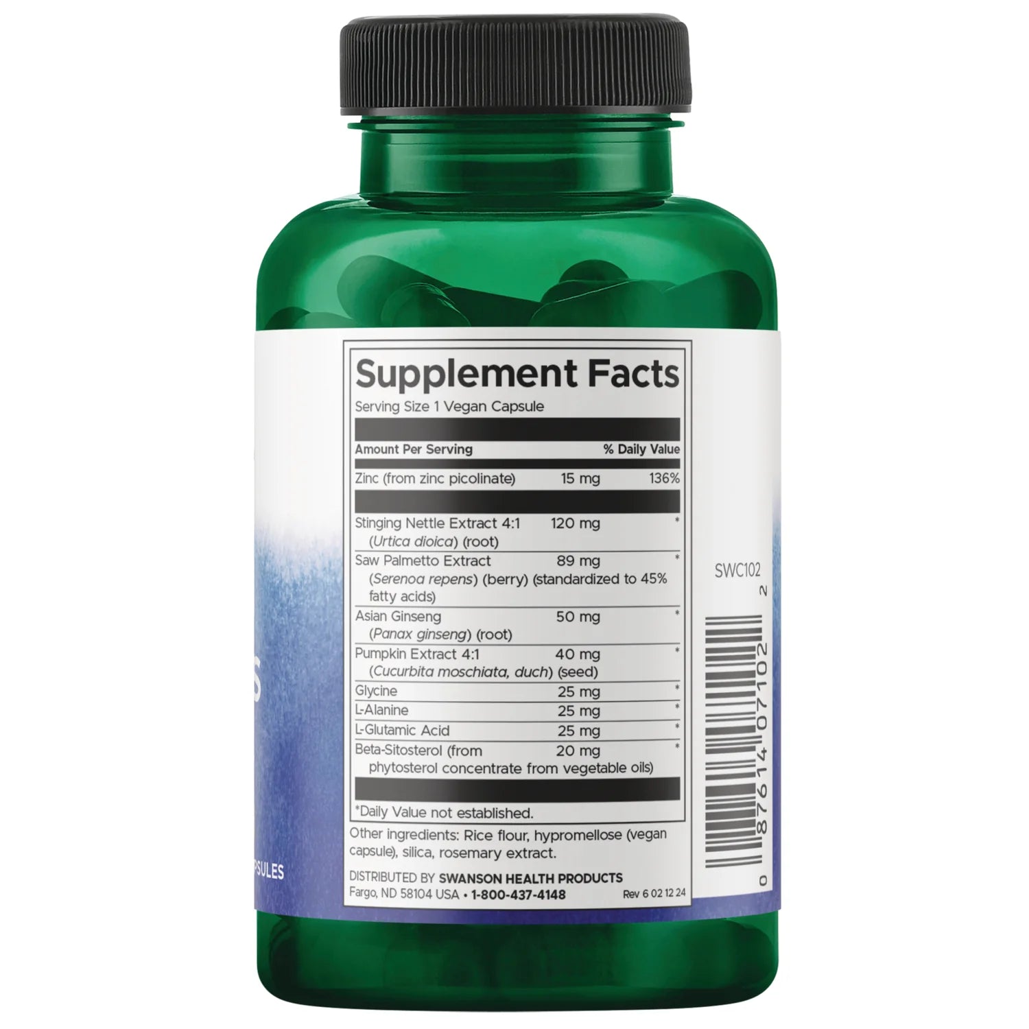 Swanson Prostate Essentials 90 Vegan Capsules Mineral & Herb Blend Supplement Facts panel and product barcode on bottle label
