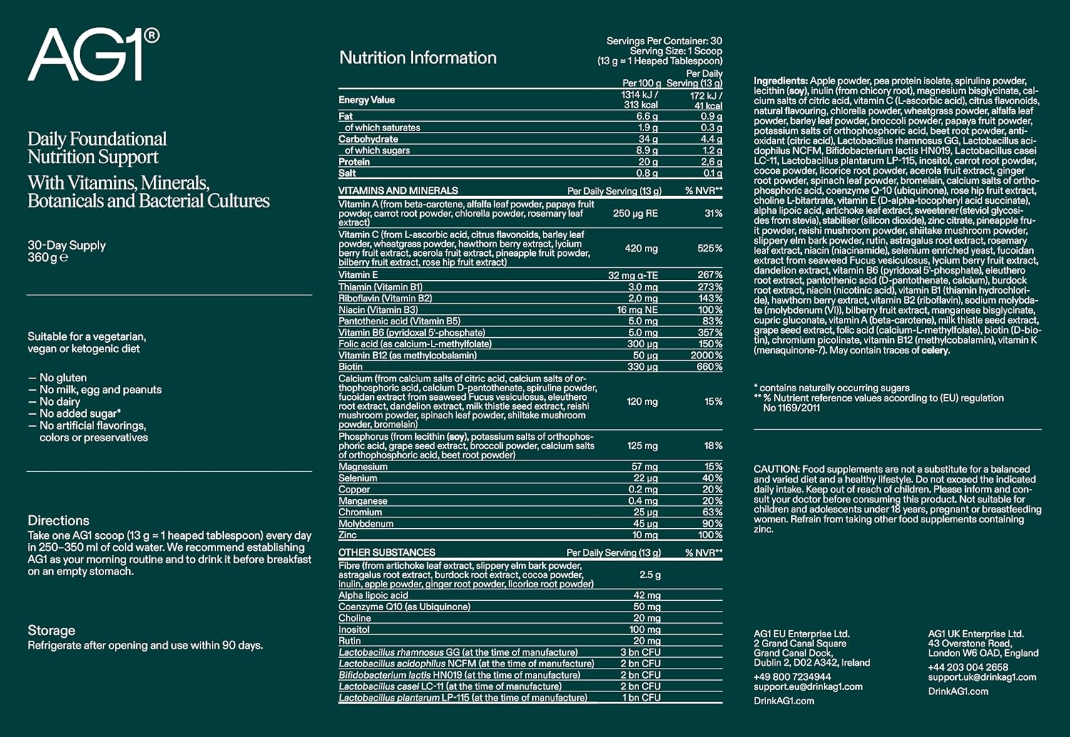 AG1 Greens Powder Starter Kit 360g supplement facts and ingredients information