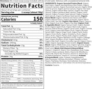 Nutrition facts and certifications for RAW Organic Meal.