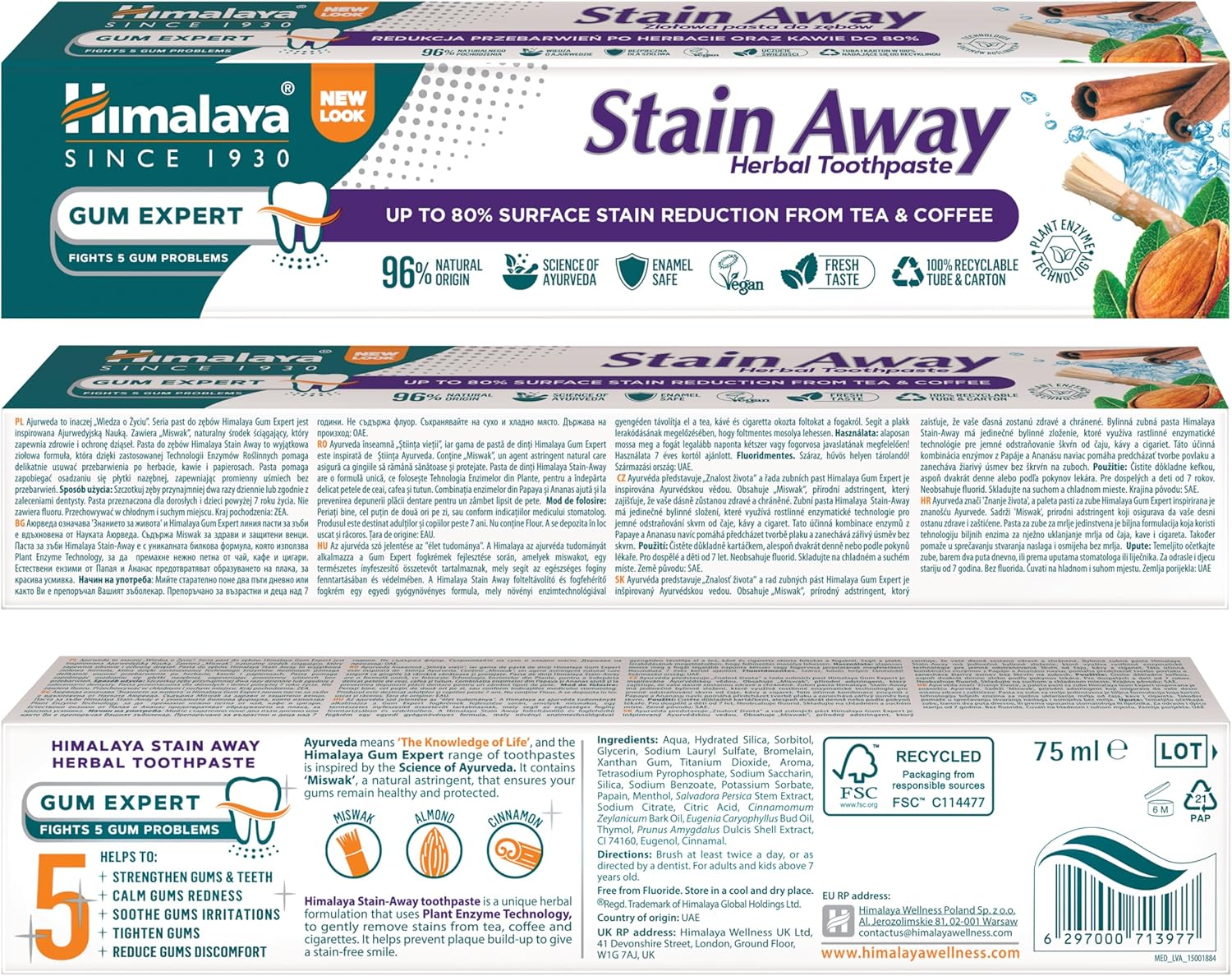 Himalaya Stain Away herbal toothpaste tube barcode 75ml