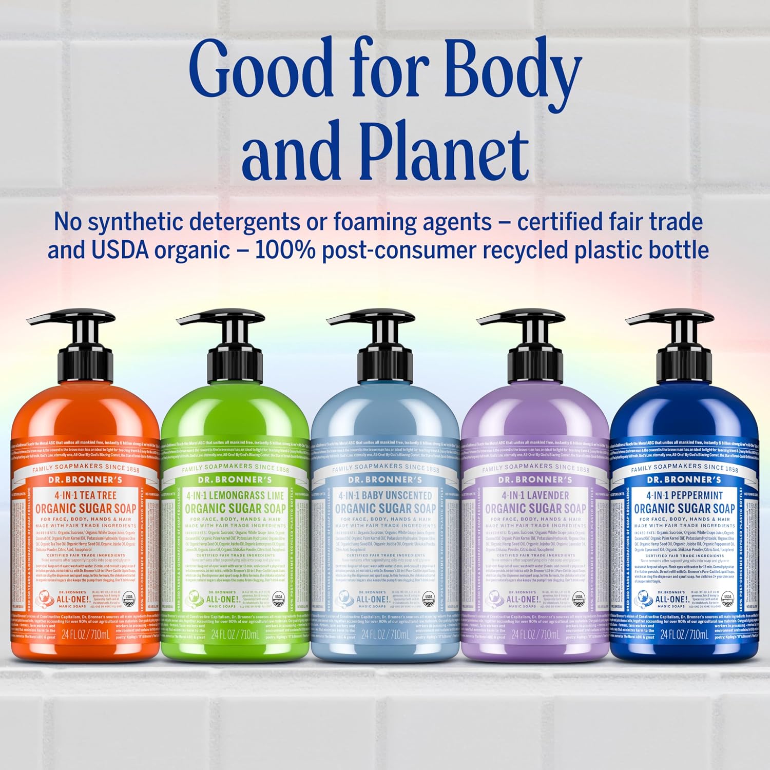 Dr. Bronner's Peppermint 4-in-1 Organic Sugar Pump Soap 355ml pump bottle for hands face body and hair & other variants