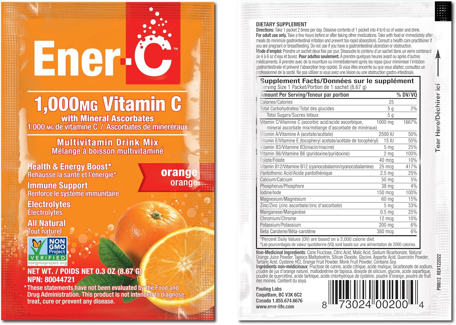 Ener-C Orange multivitamin drink mix front label 30 sachets with barcode