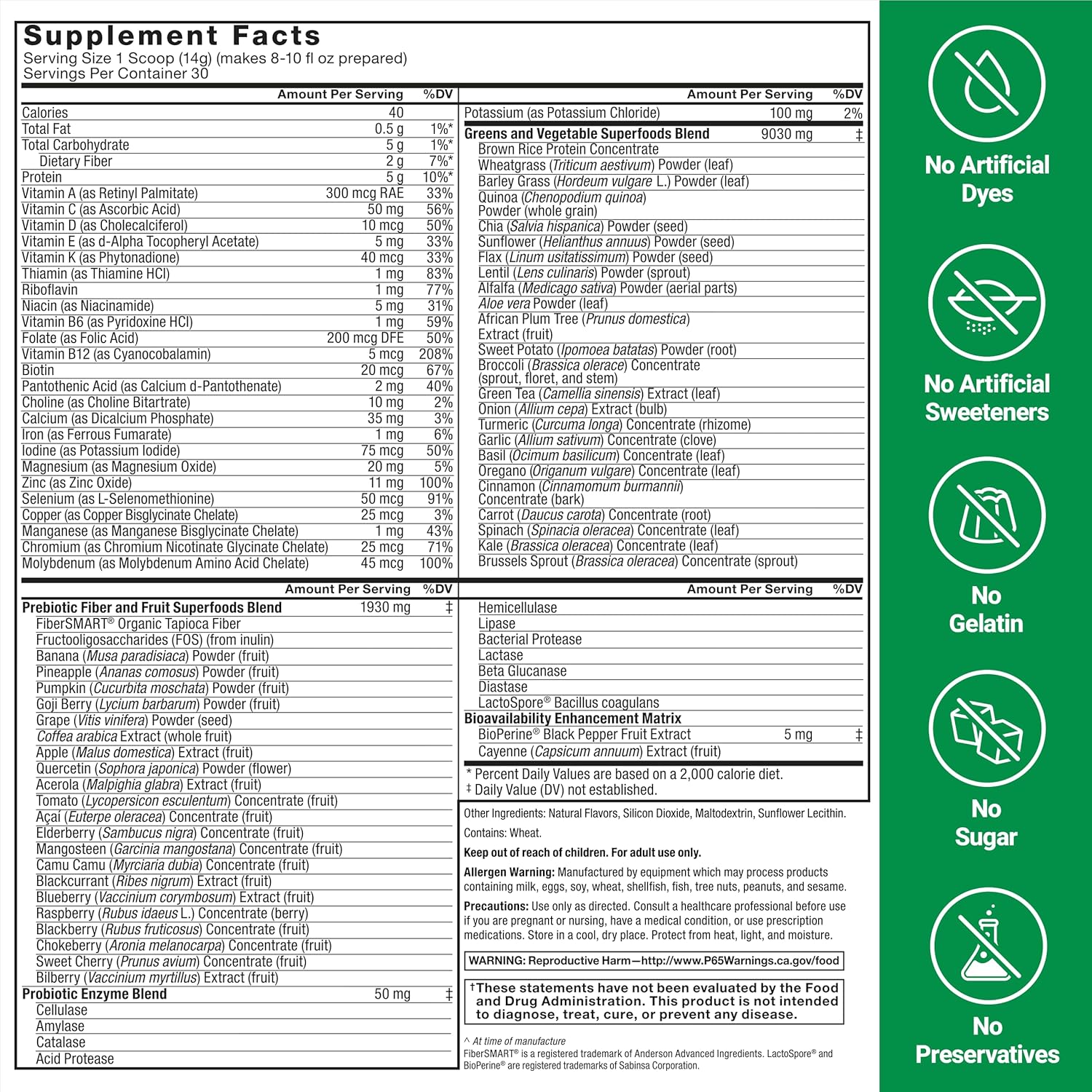FORCE FACTOR Super Greens Powder – Unflavored, 30 Servings 420g