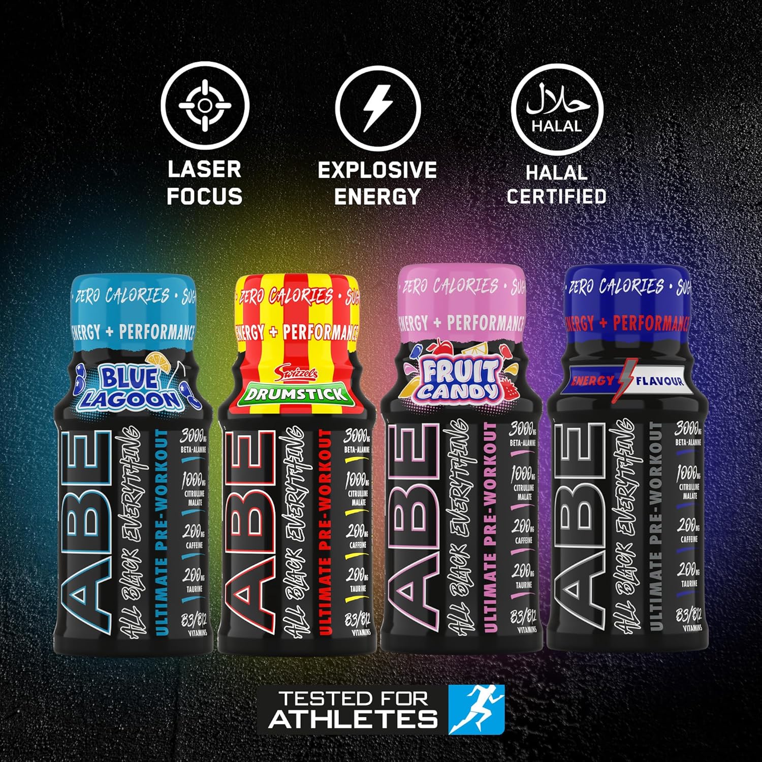 Five energy drink bottles with colorful labels on a dark background, featuring branding and certification logos.