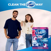 Bloo Self Active Blue Water Flower Toilet Rim Block 3 x 50g installed on toilet rim