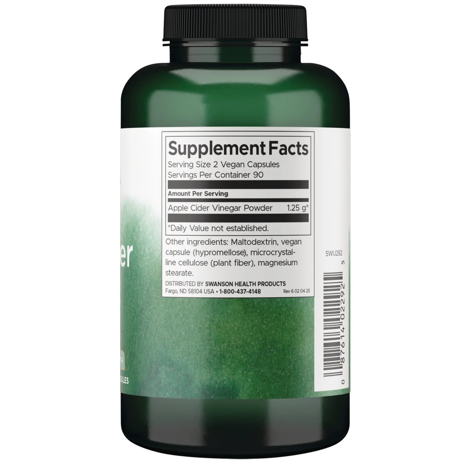 Swanson Apple Cider Vinegar 1250mg 180 capsules supplement facts label