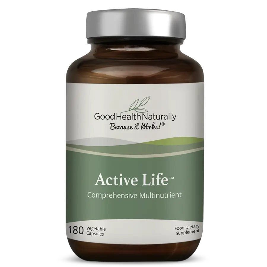Front image: Good Health Naturally Active Life multivitamin veg capsules supplement 180 count bottle