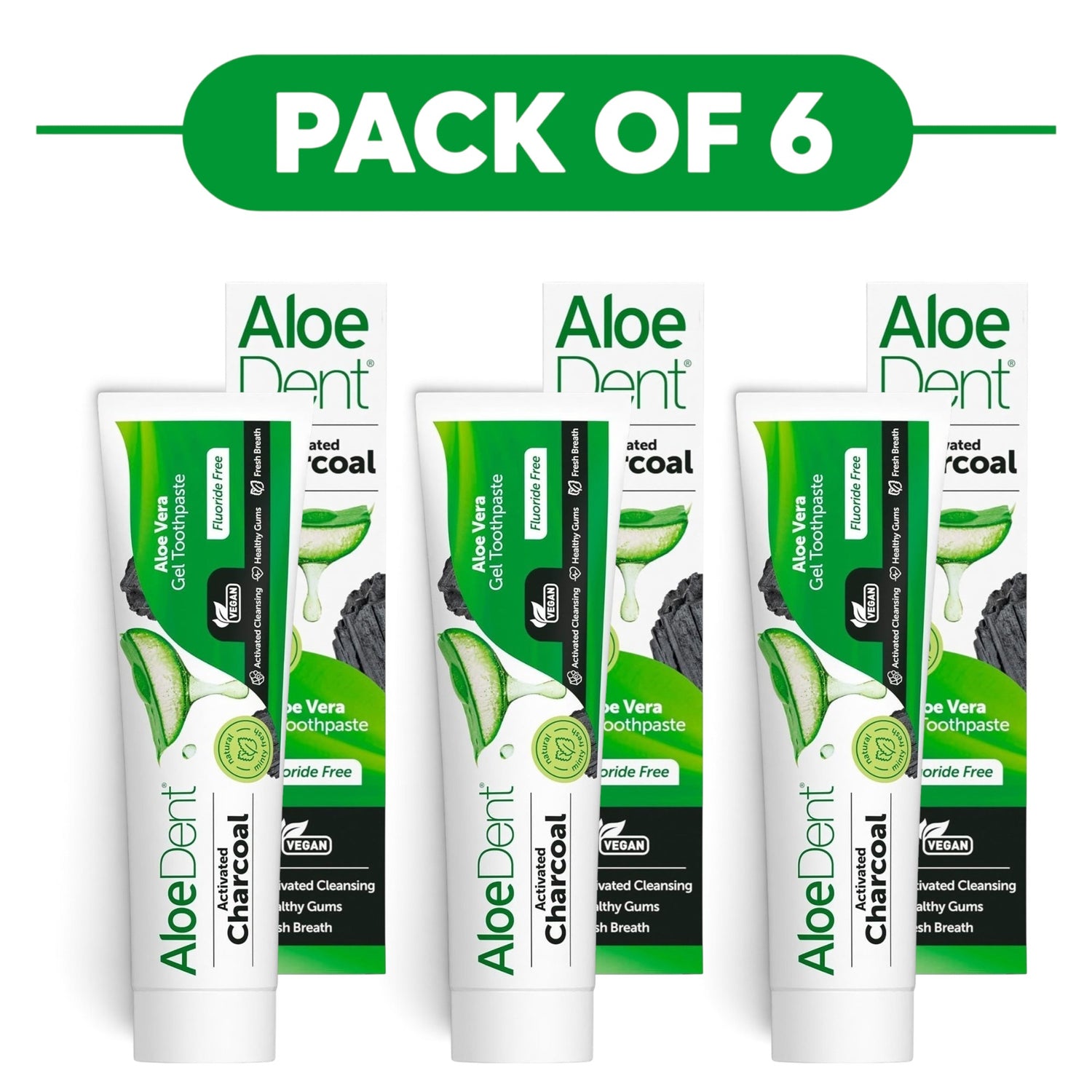 Aloe Dent Activated Charcoal Aloe Vera Gel Toothpaste Fluoride Free 100ml Pack of 6