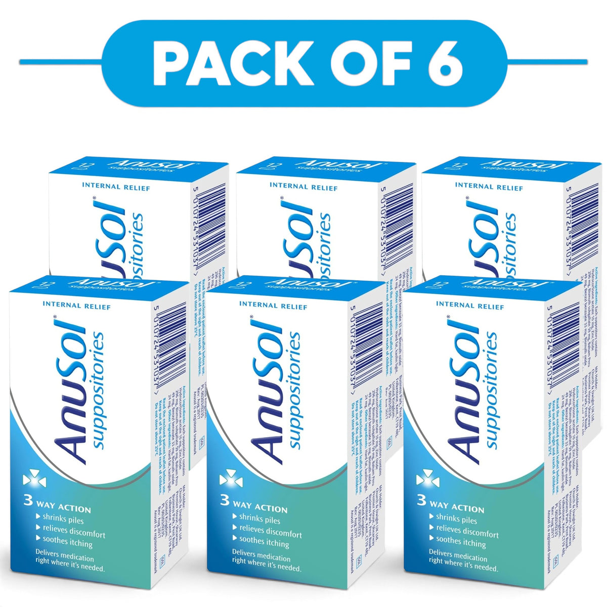 Anusol Suppositories with Zinc Oxide & Balsam Peru 12 Count Pack of 6