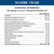 Supplement facts panel highlighting L-Arginine, Maca, and Ashwagandha content.