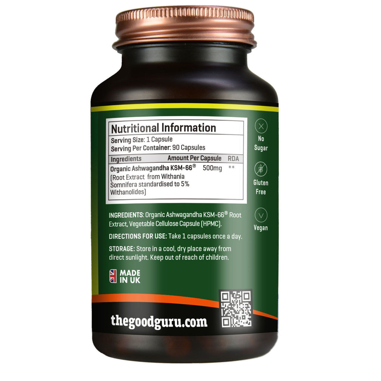 Supplement facts label for The Good Guru Ashwagandha KSM-66, showing 5% Withanolides, 90 count.