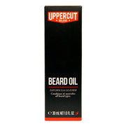 Front image: Uppercut Deluxe Beard Oil 30ml bottle lightweight grooming oil box packaging