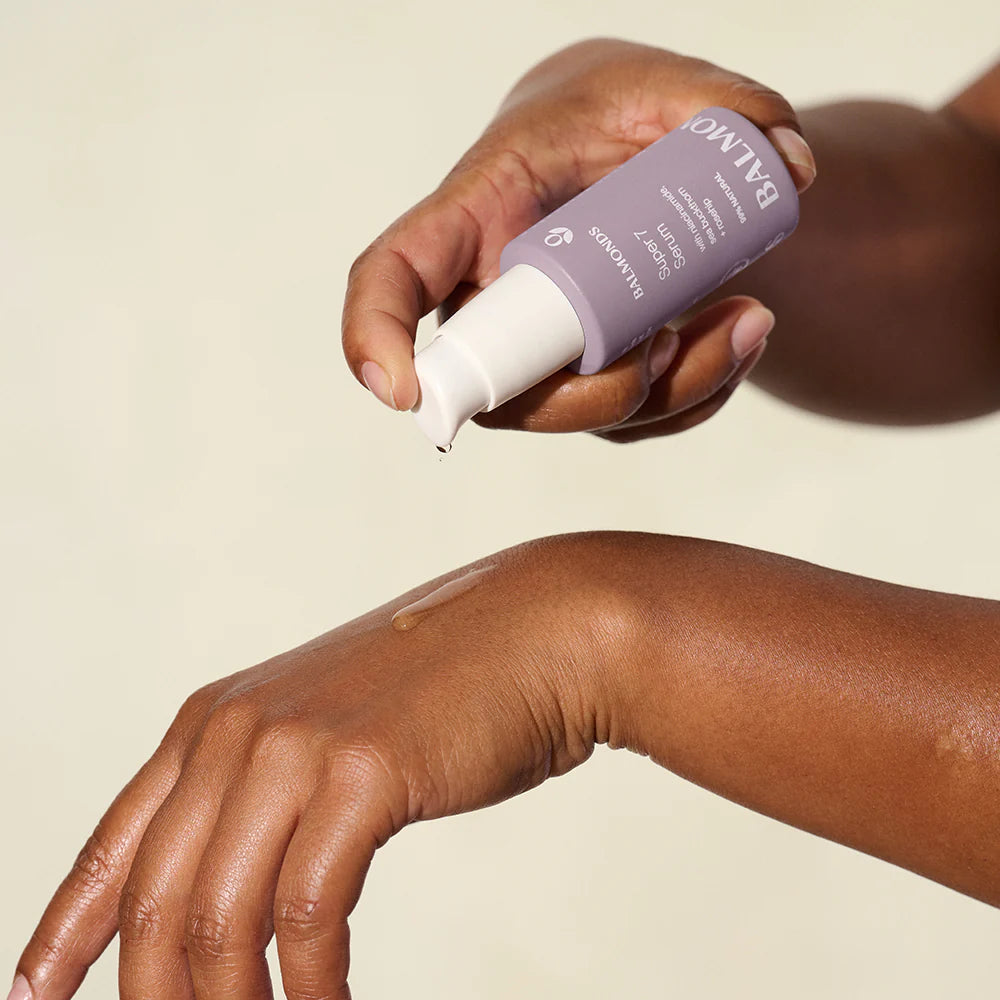 How to Use: Balmonds Super 7 Serum 30ml applying serum to face neck and décolletage skincare routine