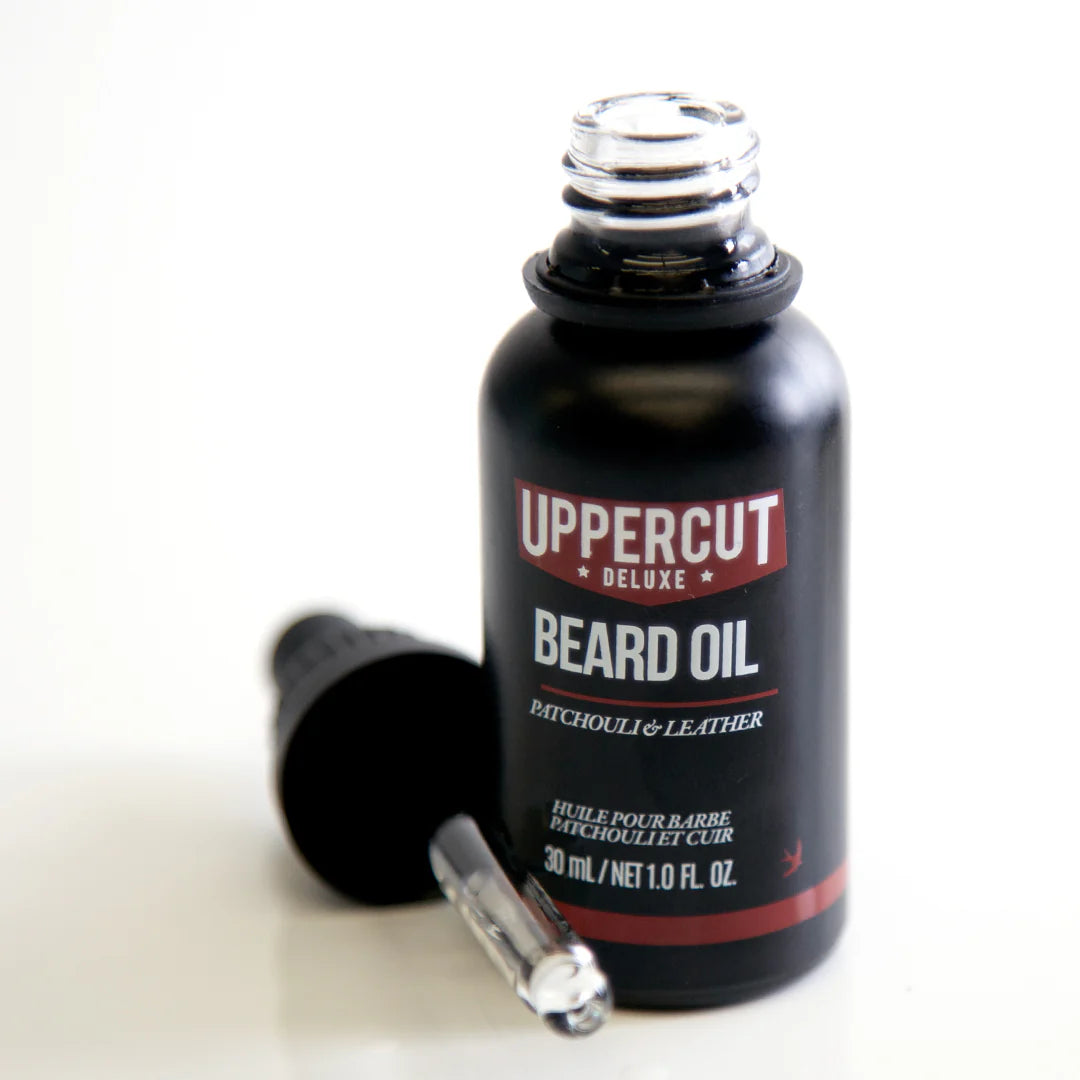 Lifestyle/use image: Uppercut Deluxe Beard Oil 30ml daily beard grooming routine