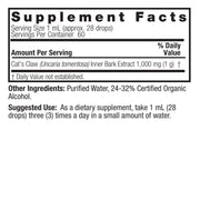Nature’s Answer Cat’s Claw supplement facts low alcohol 60ml back label