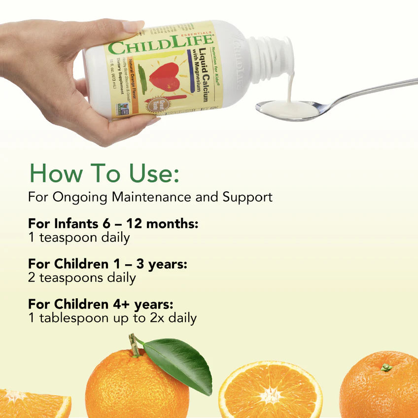 ChildLife Essentials Liquid Calcium Magnesium usage instructions kids orange 473ml