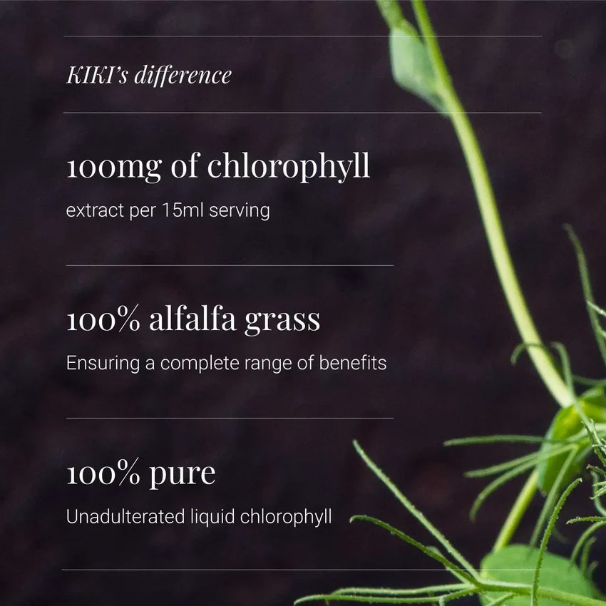 Supplement facts & ingredients image: KIKI Health liquid chlorophyll from alfalfa ingredient panel bottle 125ml