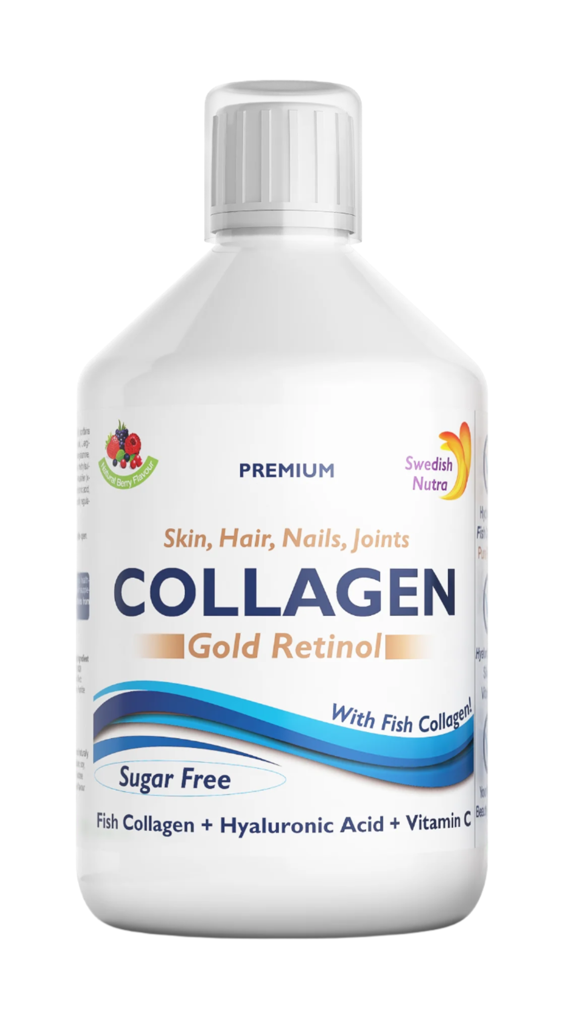 Front image: Swedish Nutra Collagen Gold Retinol liquid berry flavour 500ml bottle