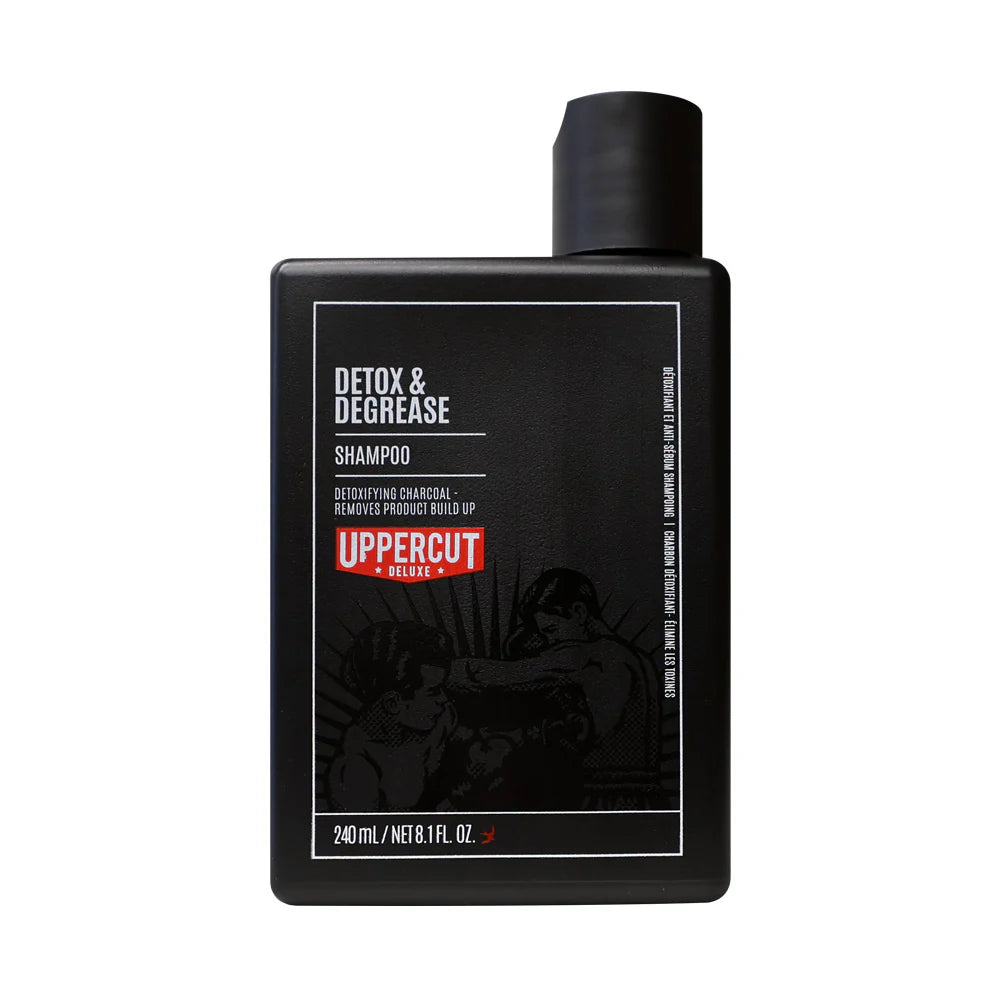 Front image: Uppercut Deluxe Detox and Degrease Shampoo 240ml bottle charcoal formula packaging