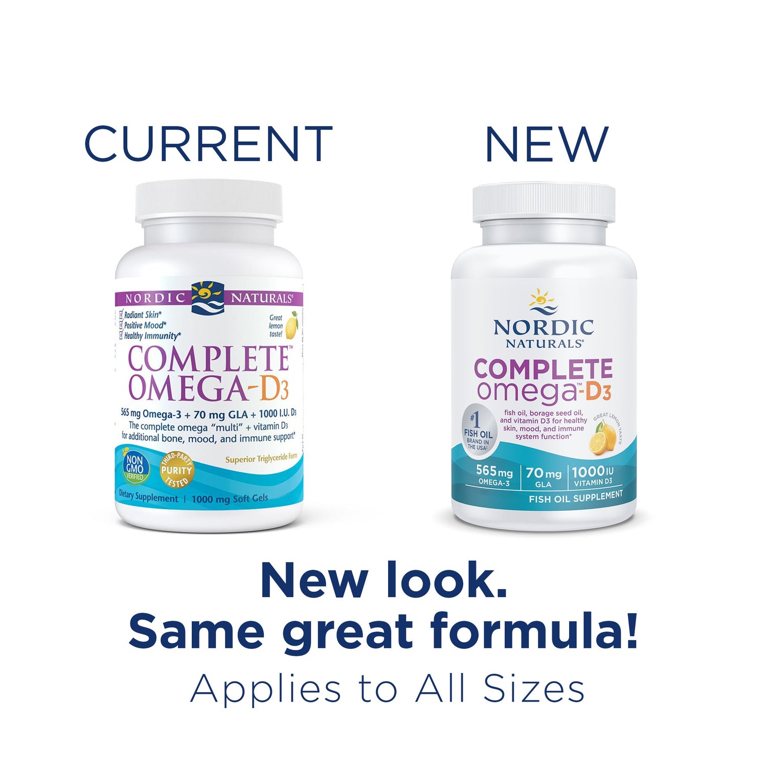 Nordic Naturals Complete Omega-D3 Lemon Flavoured Softgels bottle. Old & new packaging.