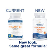 Nordic Naturals Vitamin D3 1000 IU Orange Flavour bottle with mini softgels. Old & new packaging.