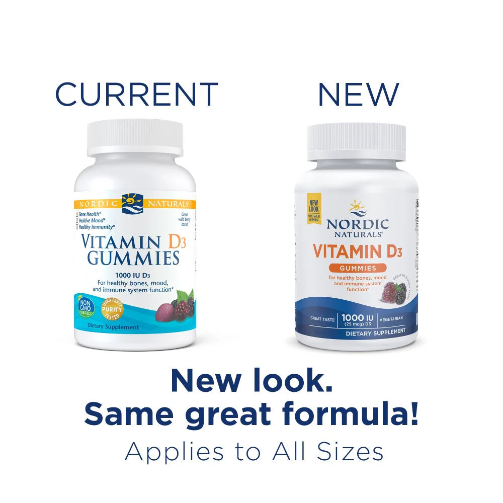 Nordic Naturals Vitamin D3 plus Iron Gummies bottle, Wild Berry flavor, 120 count old & new packaging