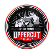Front image: Uppercut Deluxe Pomade 100g jar strong hold high shine styling product packaging