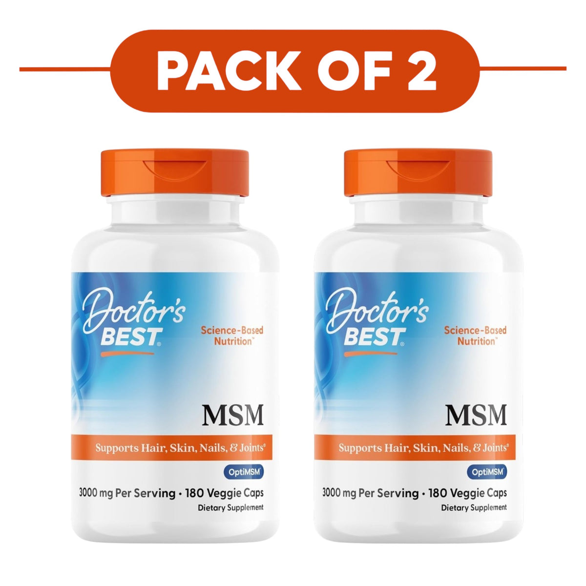 Doctor's Best MSM with OptiMSM 1000mg 180 Veggie Capsules Pack of 2