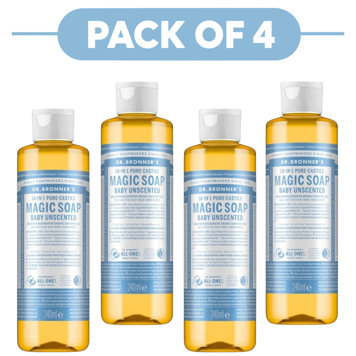 Dr. Bronner's Baby Unscented 18-in-1 Pure-Castile Liquid Soap 240ml Pack of 4