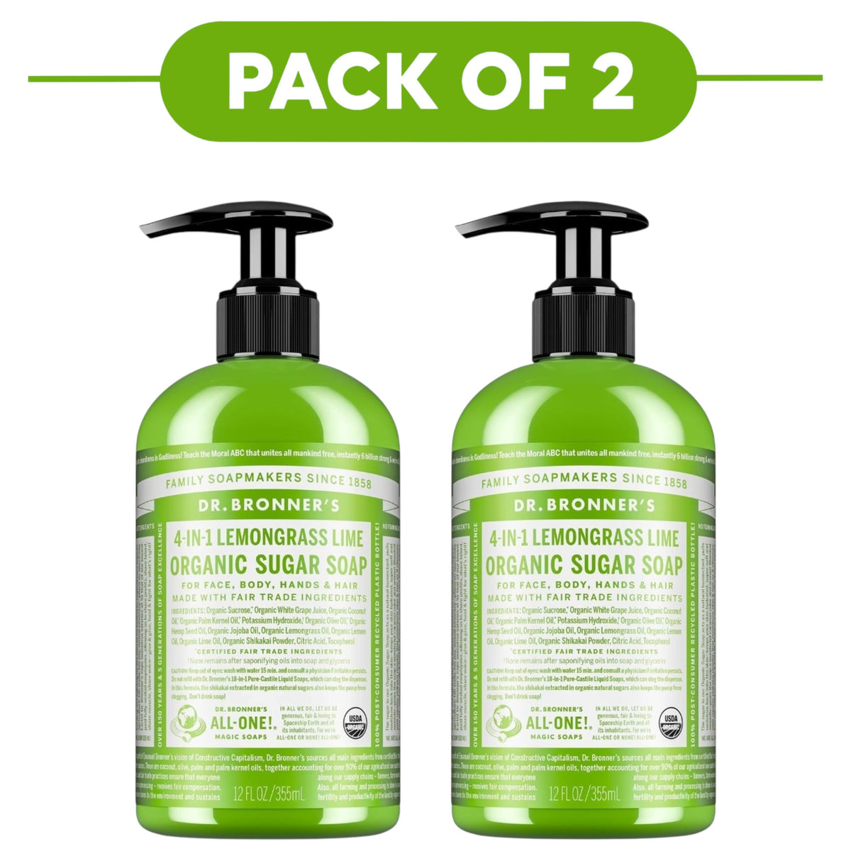 Dr. Bronner's Lemongrass Lime 4-in-1 Organic Sugar Soap 355ml Pack of 2