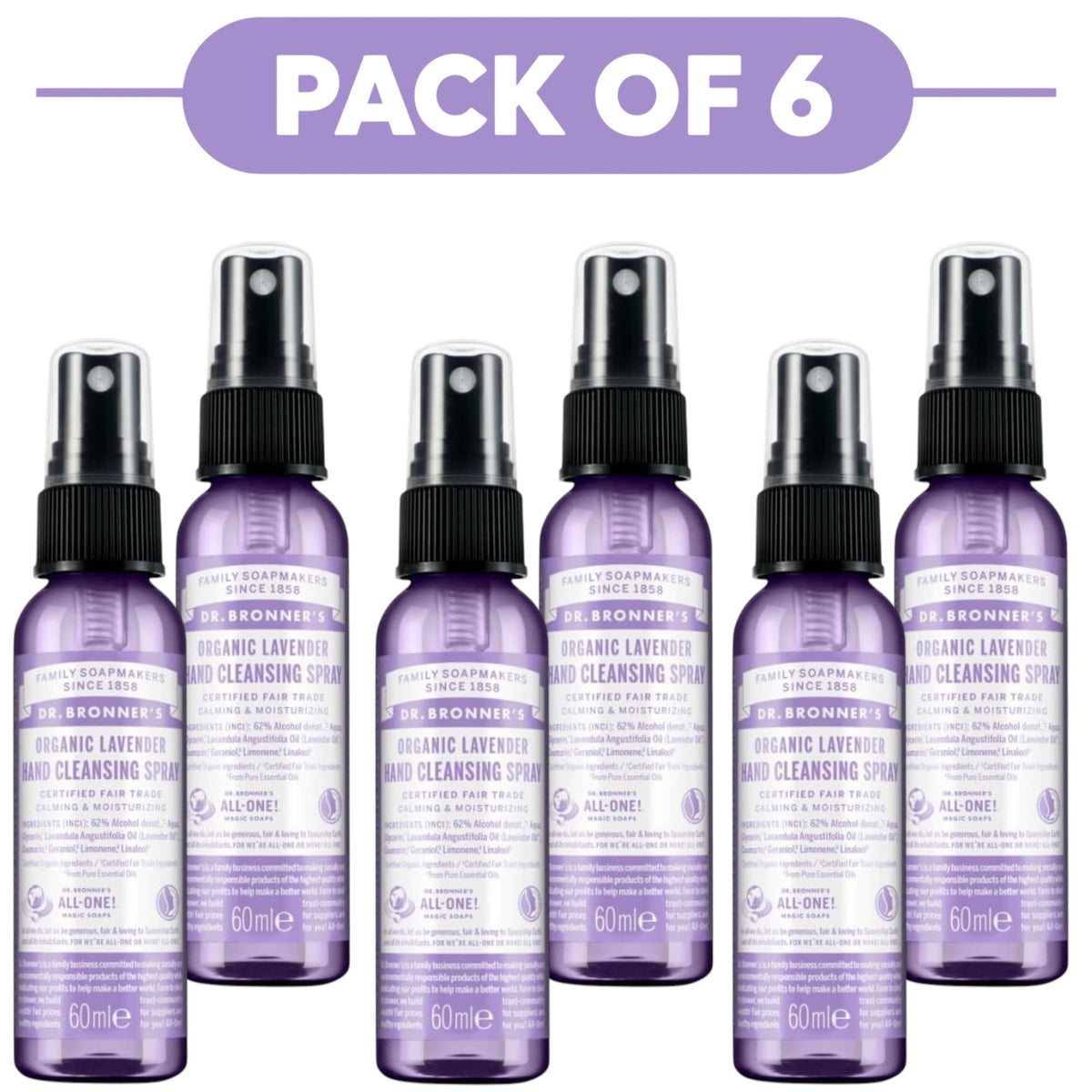 Dr. Bronner's Organic Lavender Hand Cleansing Spray 60ml Pack of 6