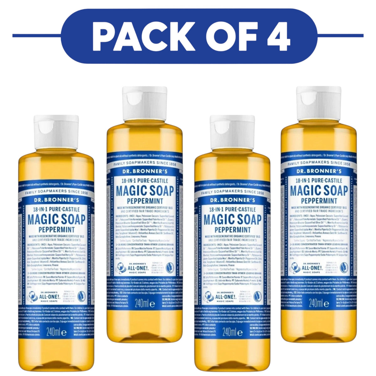 Dr. Bronner's Peppermint 18-in-1 Pure-Castile Liquid Soap 240ml Pack of 4