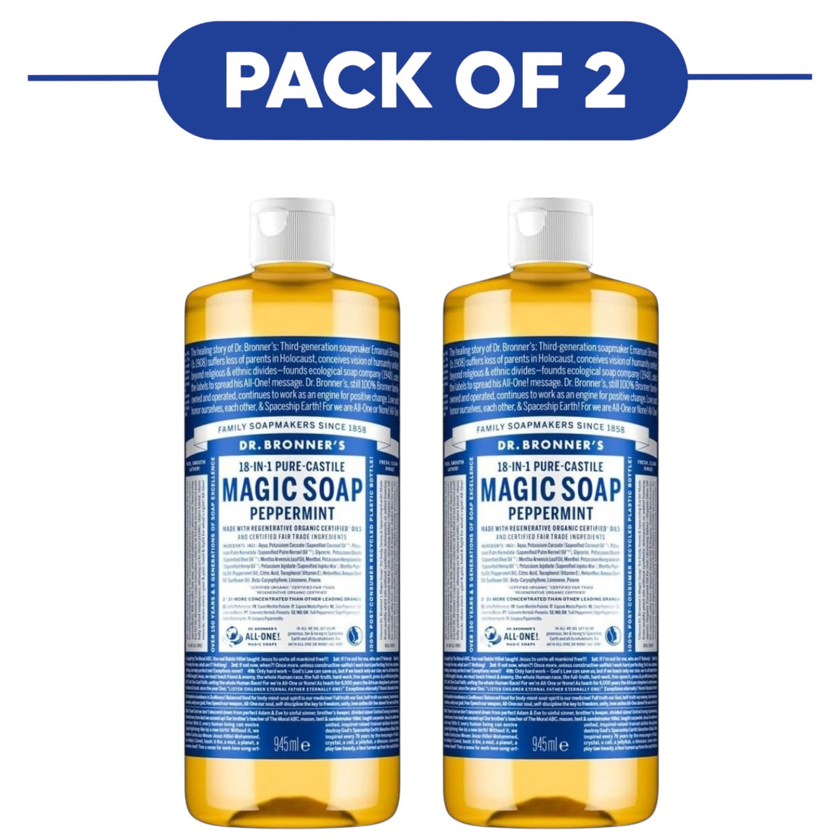 Dr. Bronner's Peppermint 18-in-1 Pure-Castile Liquid Soap 945ml Pack of 2