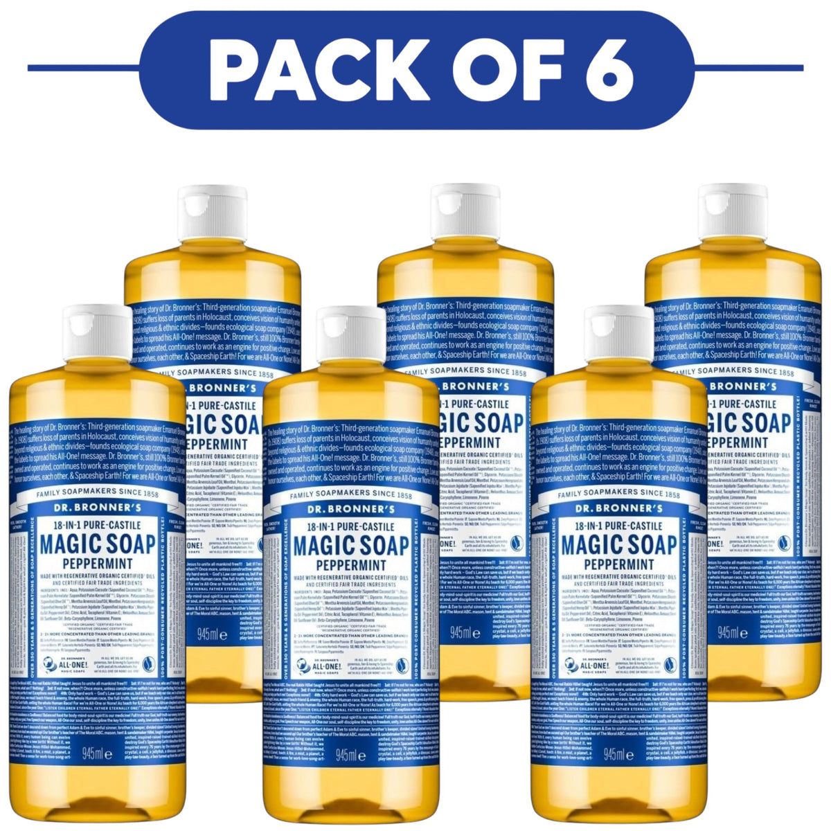 Dr. Bronner's Peppermint 18-in-1 Pure-Castile Liquid Soap 945ml Pack of 6