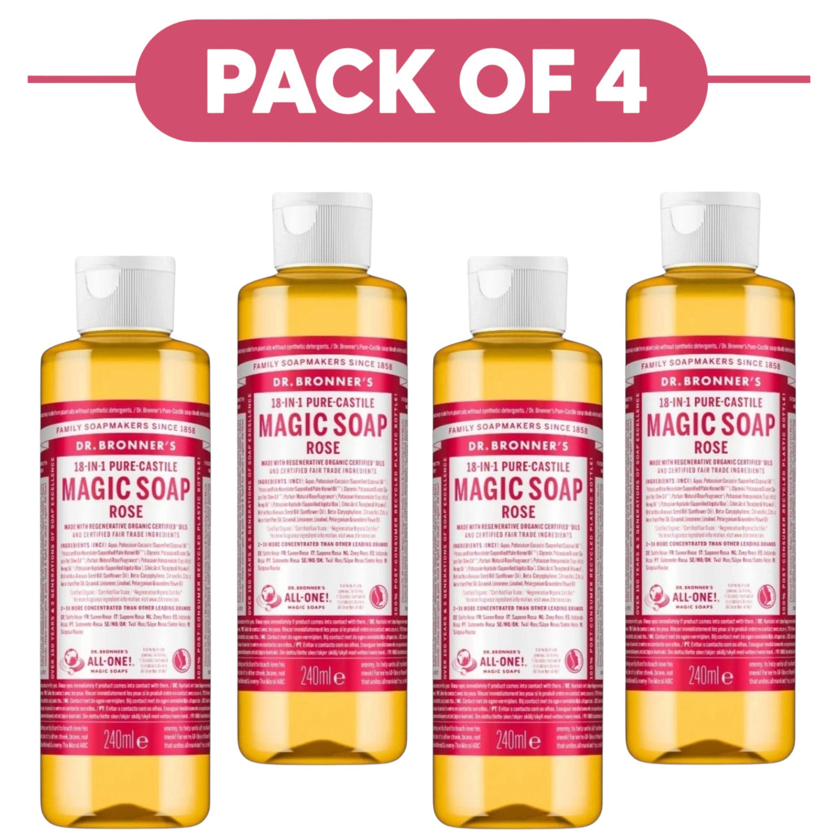 Dr. Bronner's Rose 18-in-1 Pure-Castile Liquid Soap 240ml Pack of 4