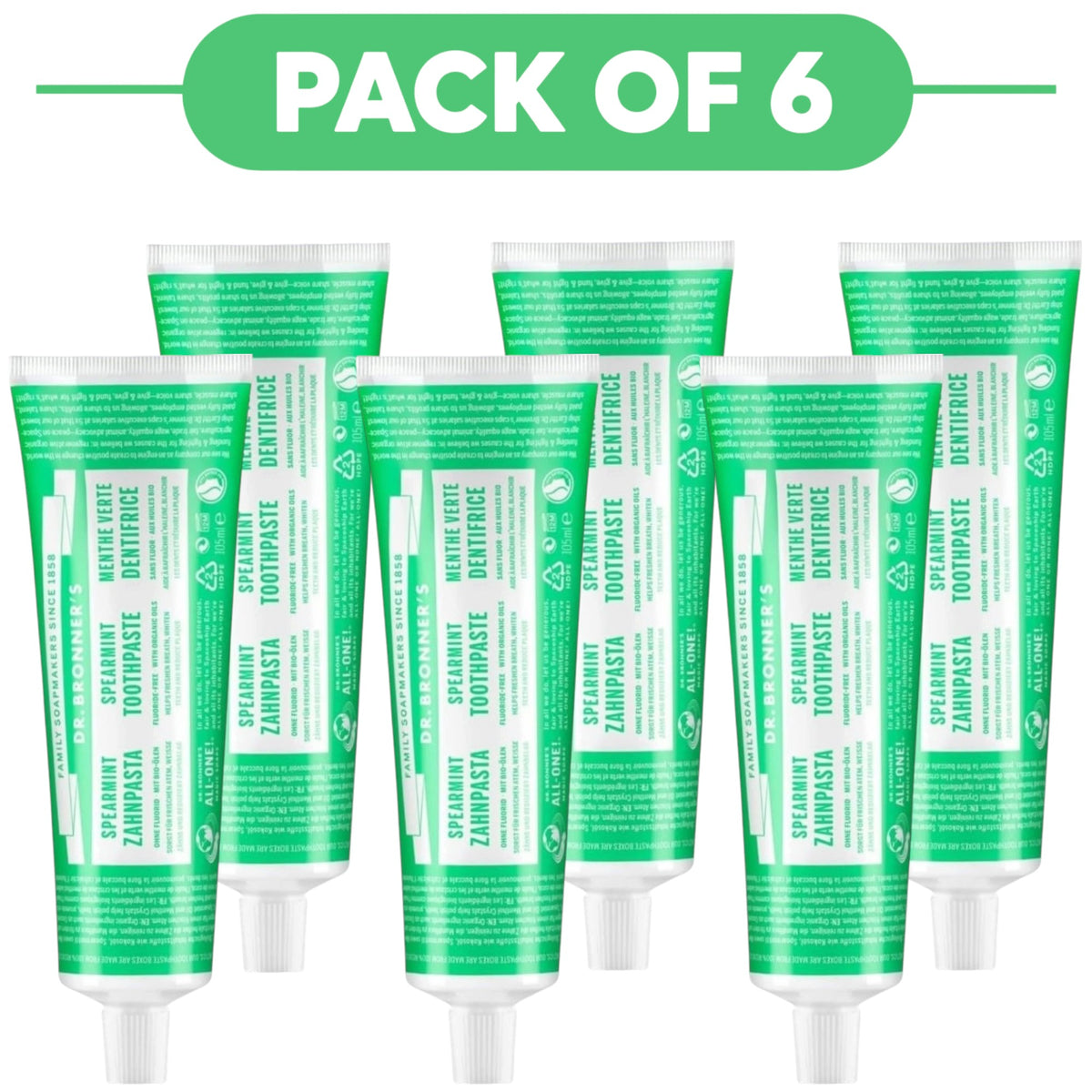 Dr. Bronner's Spearmint Fluoride Free Toothpaste 105ml Pack of 6