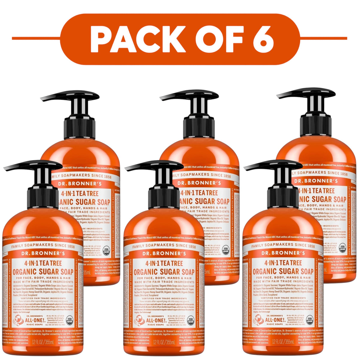 Dr. Bronner's Tea Tree 4-in-1 Organic Sugar Soap 355ml Pack of 6
