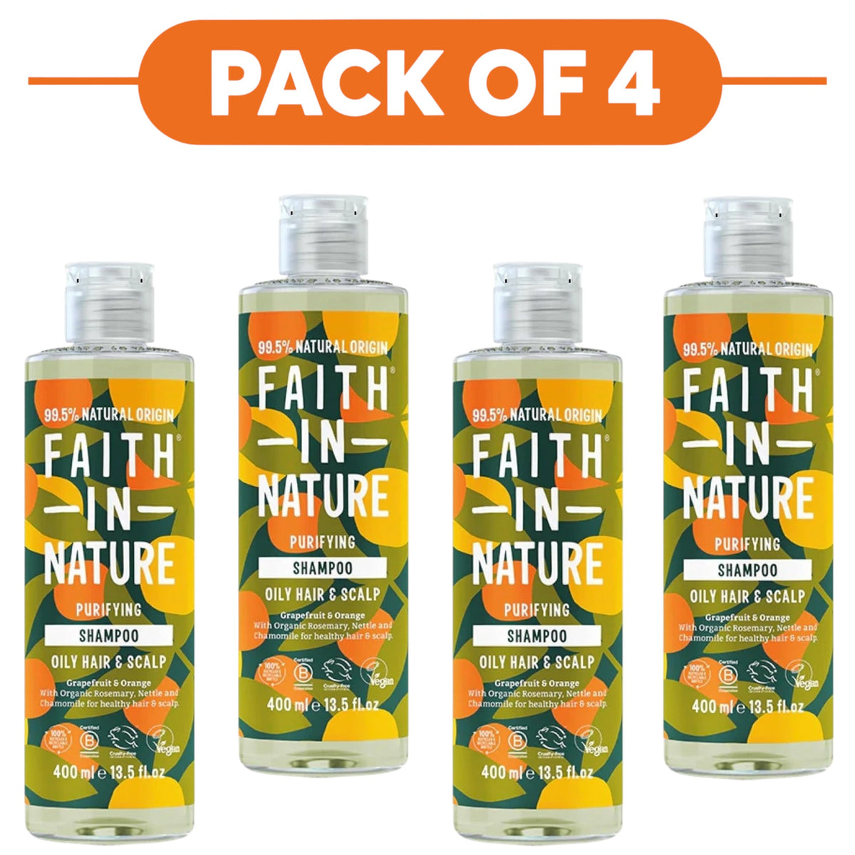 Faith In Nature Grapefruit & Orange Purifying Shampoo 400ml Pack of 4