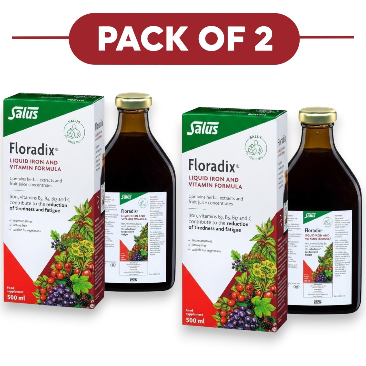 Floradix Liquid Iron & Vitamin Formula 500ml Pack of 2