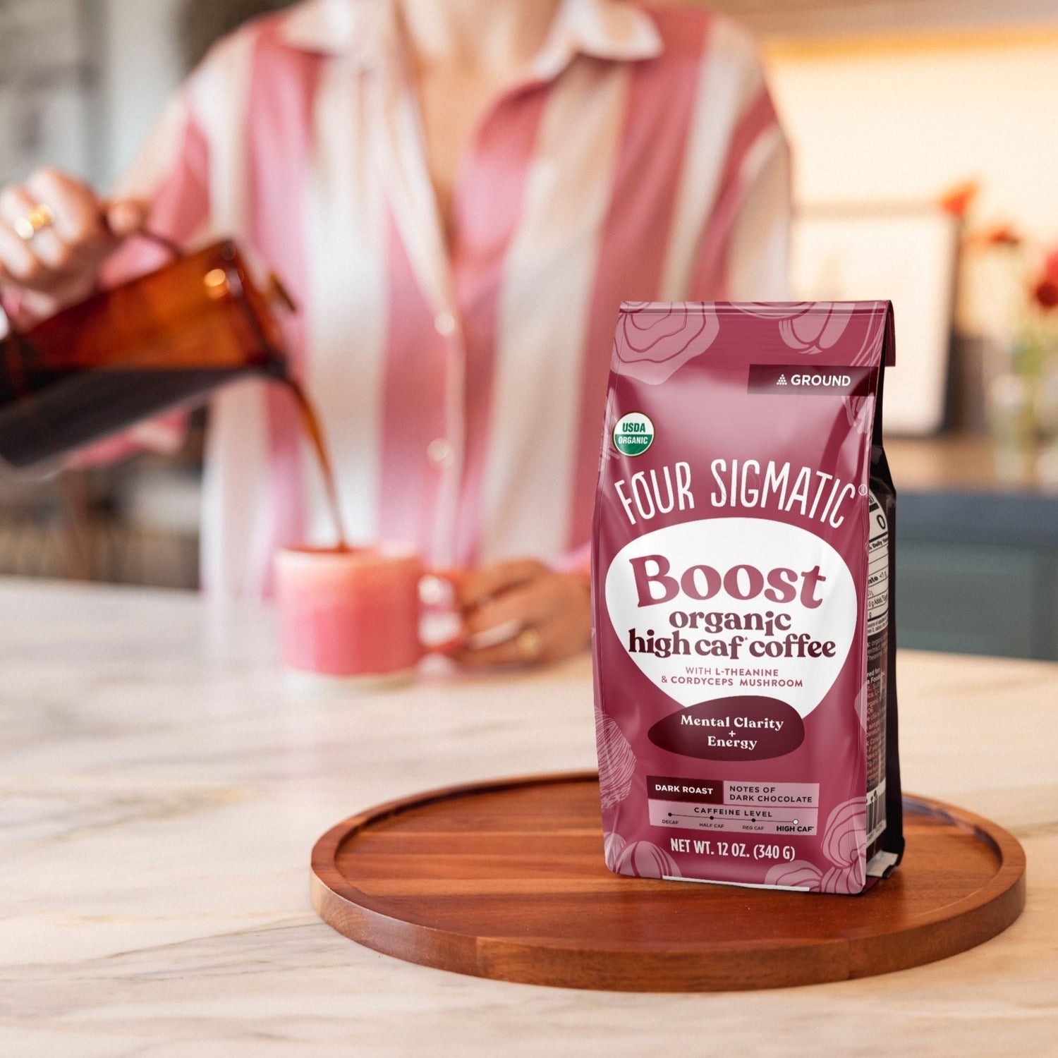 How to use
Four Sigmatic high caf ground coffee brewing instructions on white background