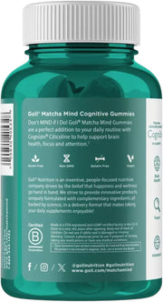 Back Image: Goli Nutrition Matcha Mind Cognitive Gummies bottle 60 count