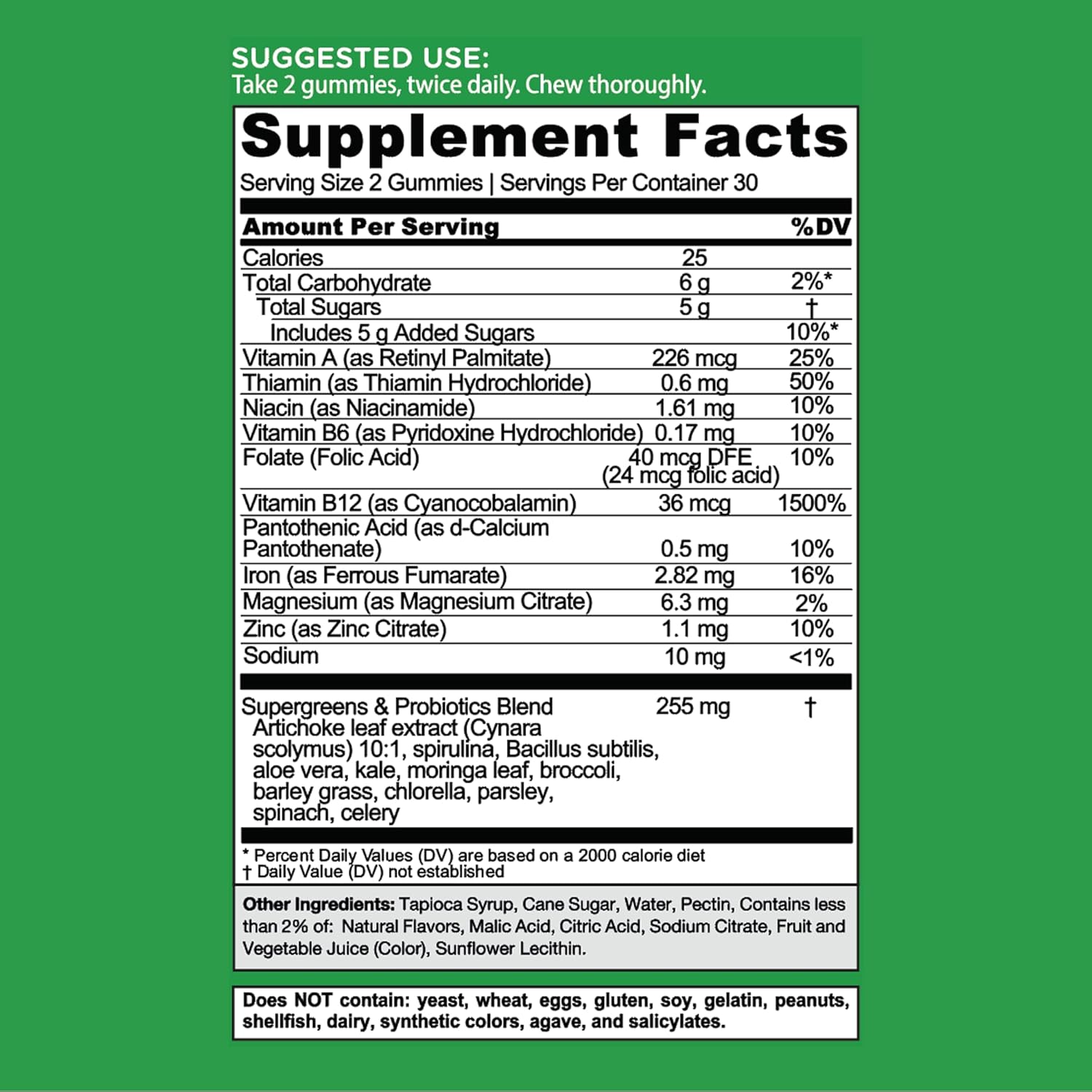 Supplement Facts & Ingredients Image: Goli Supergreens Gummies ingredient label 60 gummies