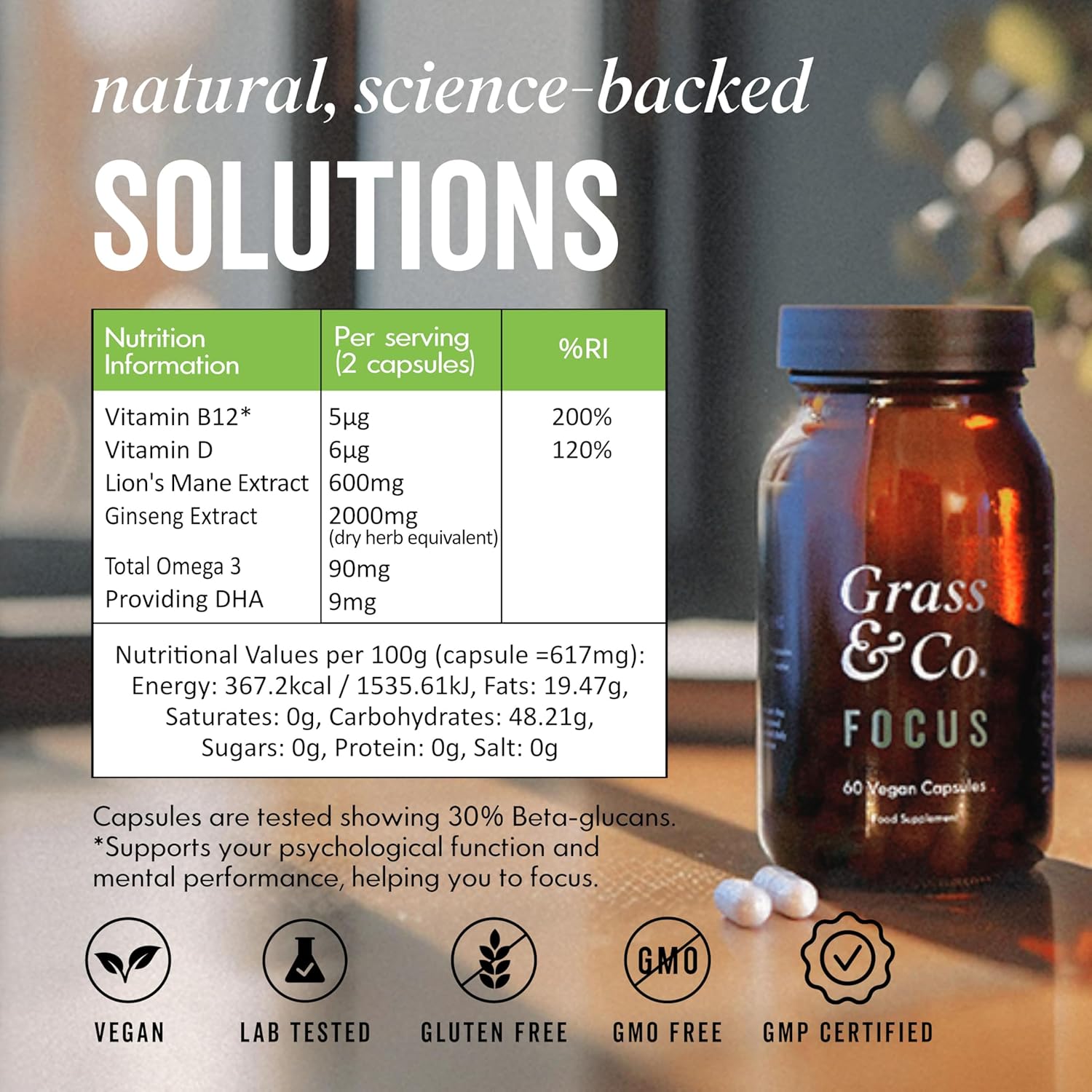 Grass & Co Focus Lion's Mane Mushrooms 60 Capsules