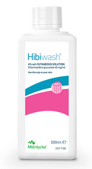 Hibiwash bottle with Mélnlycke logo on a white background